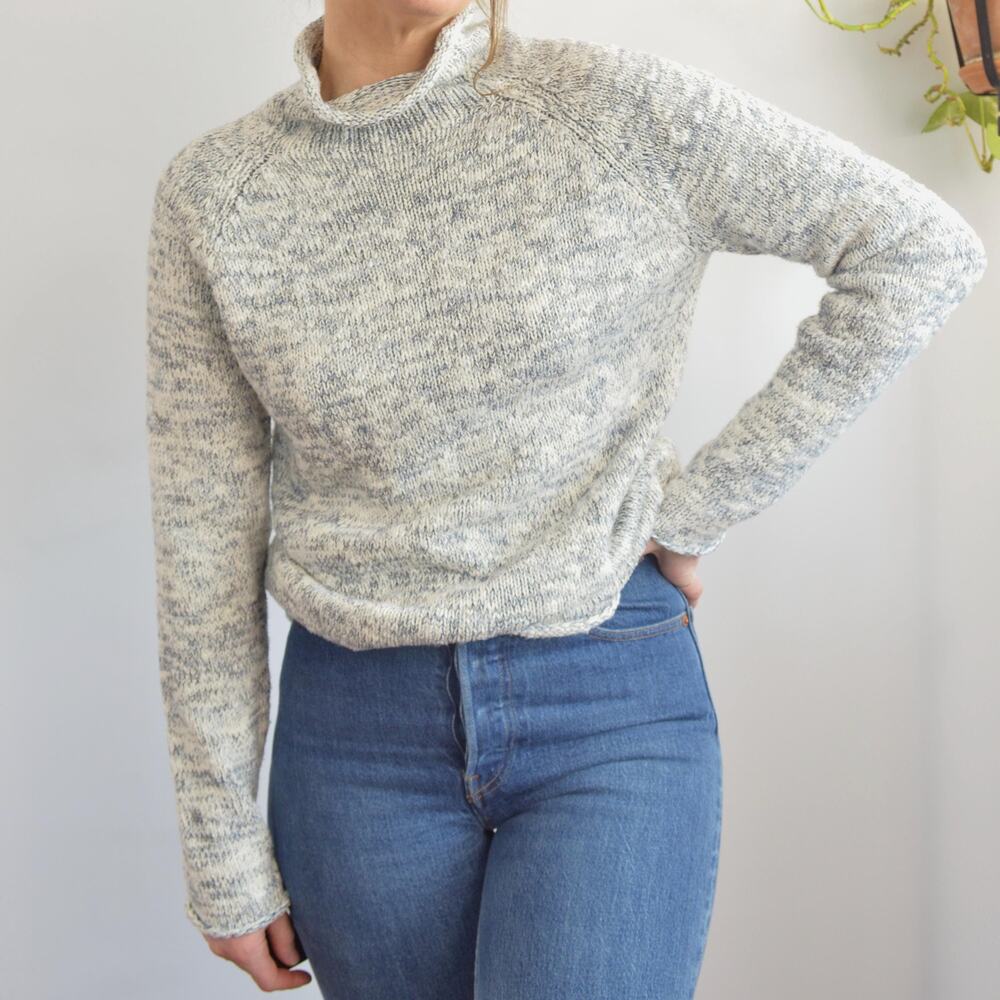 pure cotton blue and white speckled mock neck ll bean sweater